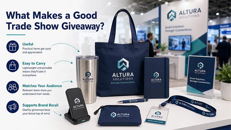 Good trade show giveaway example with useful, portable, audience-focused branded items on a booth table.