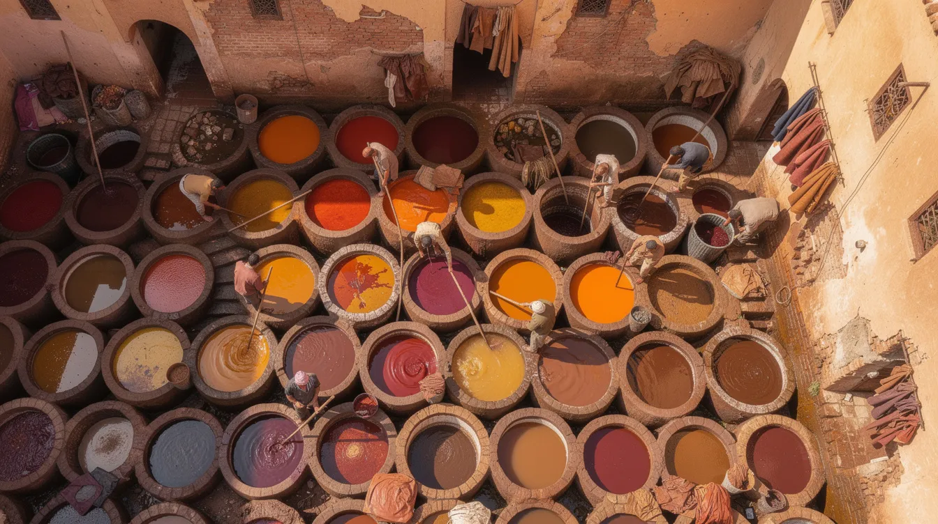 The image shows vibrant leather dye vats in a historic Moroccan tannery, viewed from above, with artisans skillfully working amidst the colorful liquids. This scene captures the traditional methods of leather production in the ancient city of Fez, Morocco, highlighting its rich cultural heritage.