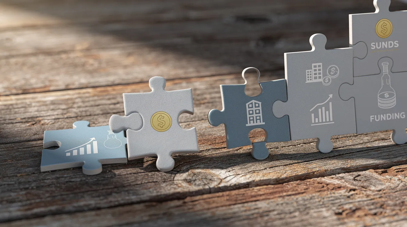 The image depicts colorful puzzle pieces being carefully fitted together on a wooden table, symbolizing the concept of capital stacking for startups. This visual metaphor represents the various components, such as business lines of credit and personal credit scores, that contribute to a strong financial foundation for new businesses.