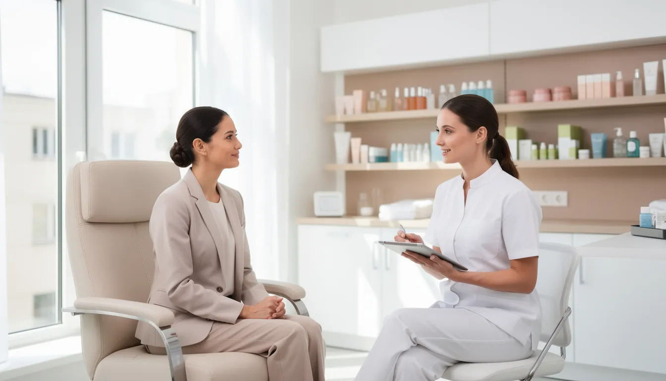 Obraz przedstawia profesjonalną konsultację kosmetologiczną w jasnym gabinecie, gdzie specjalista zajmuje się pielęgnacją skóry trądzikowej. W tle widoczne są kosmetyki oraz narzędzia do oczyszczania, które pomagają w leczeniu trądziku zaskórnikowego i regulacji wydzielania sebum.