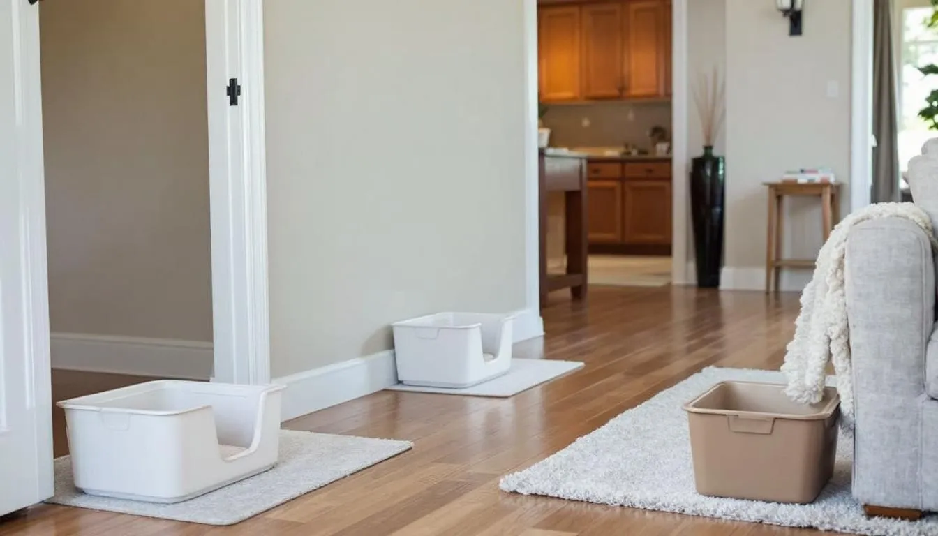 In de afbeelding zijn meerdere open kattenbakken te zien, strategisch geplaatst in een huis om oudere katten gemakkelijk toegang te bieden. Deze kattenbakken hebben een lage instap en zijn gevuld met voldoende kattenbakvulling, zodat senior katten comfortabel kunnen graven en hun behoefte kunnen doen zonder ongemak.