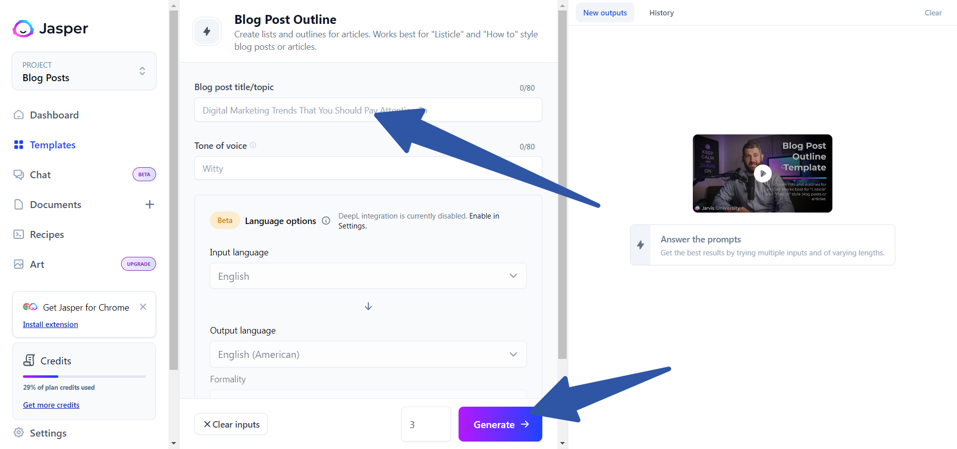 Generate blog outlines - Jasper AI
