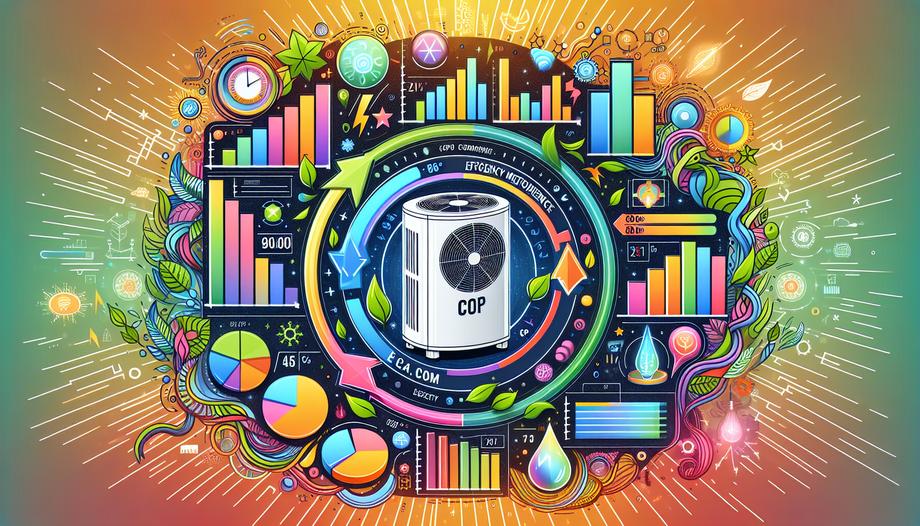 An artistic diagram illustrating the efficiency and performance metrics of heat pumps.