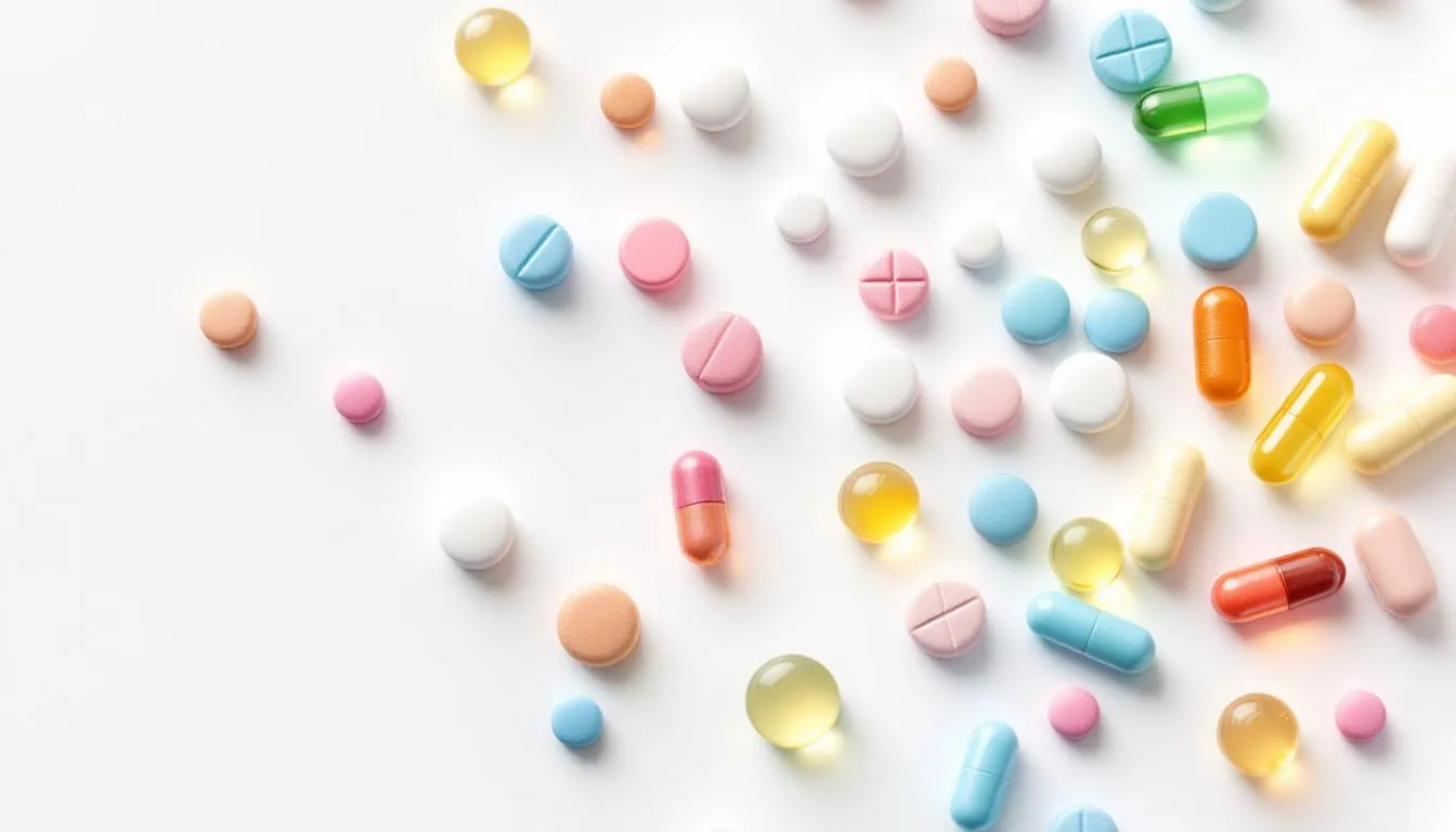 The image features an array of colorful supplement capsules and tablets neatly arranged on a clean white surface, highlighting various dietary supplements that support mental and physical health, including magnesium and vitamin B6. These supplements are essential for maintaining proper brain health and can aid in alleviating mood symptoms and promoting overall well-being.