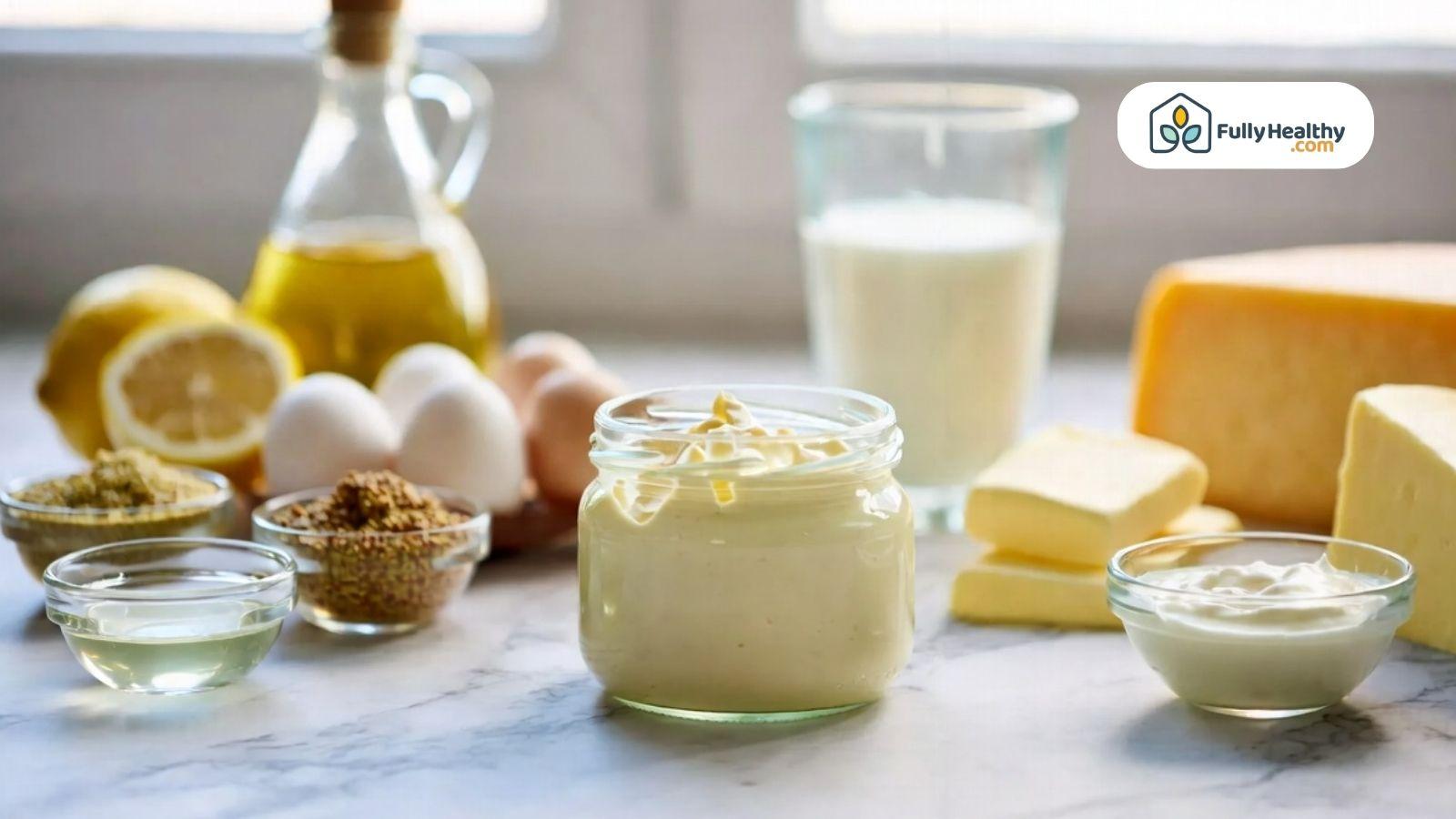 Traditional mayonnaise with eggs, oil, lemon, and dairy ingredients displayed beside it.