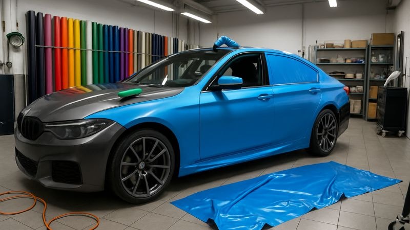An Audi being wrapped in car wrapping studio
