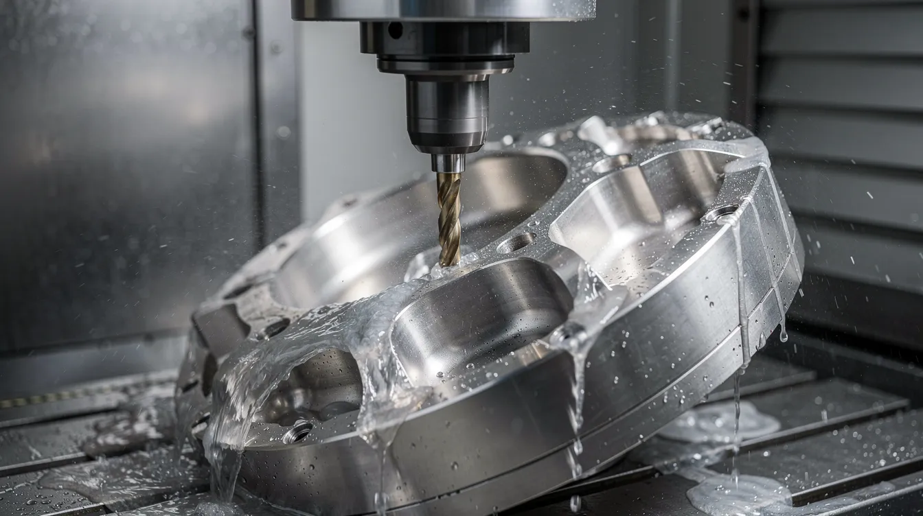 A close-up view of a 5-axis CNC machining center is shown, actively cutting a complex titanium aerospace component while coolant flows to maintain optimal temperature. This image highlights the precision CNC machining capabilities essential for aerospace manufacturing, showcasing advanced CNC equipment designed to achieve tight tolerances.