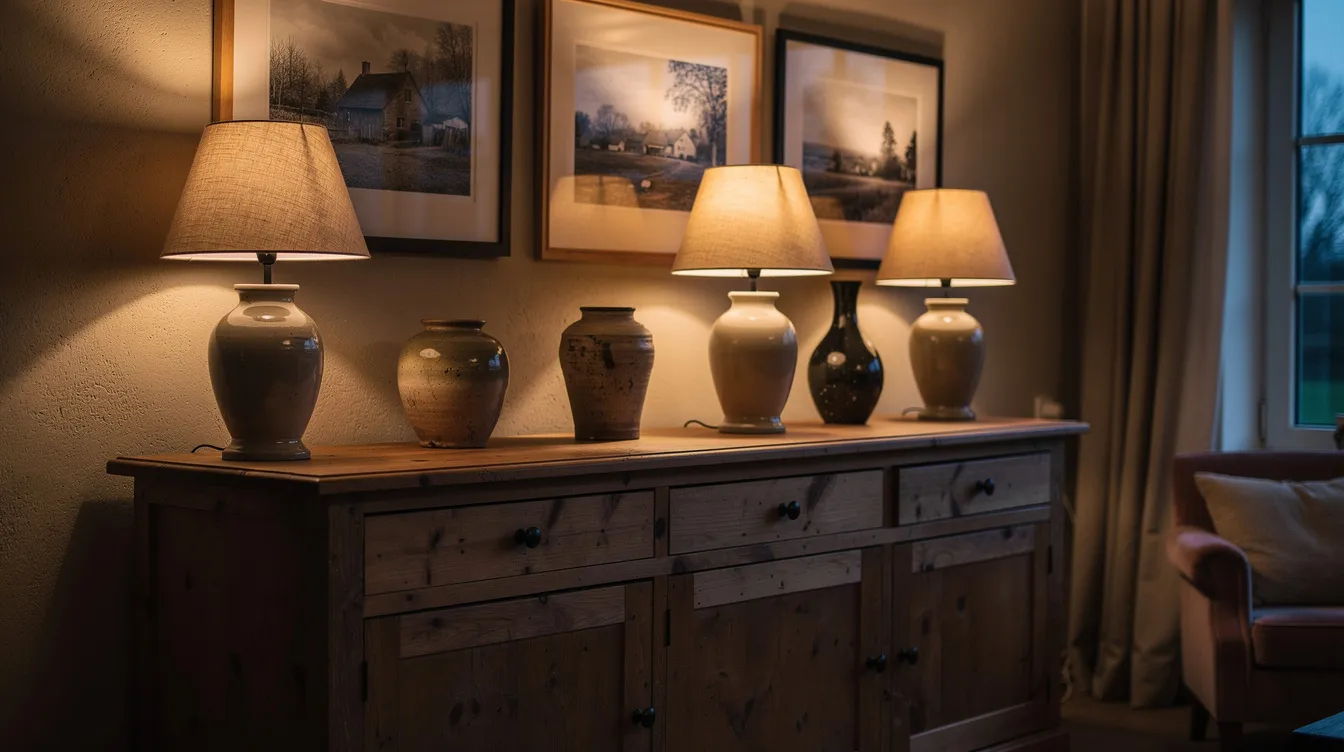 Een warm landelijk interieur met een houten dressoir dat meerdere tafellampen bevat, zorgt voor een gezellige sfeer met sfeerverlichting en zacht licht. De combinatie van natuurlijke materialen en eenvoudige vormen draagt bij aan de huiselijke uitstraling van de woonkamer in de avond.