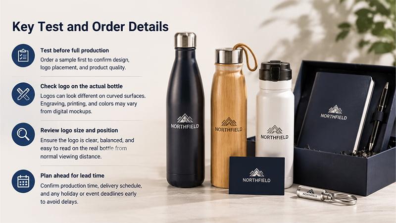 Custom bottle order details checklist for sample testing, logo review, proof approval, and lead time planning