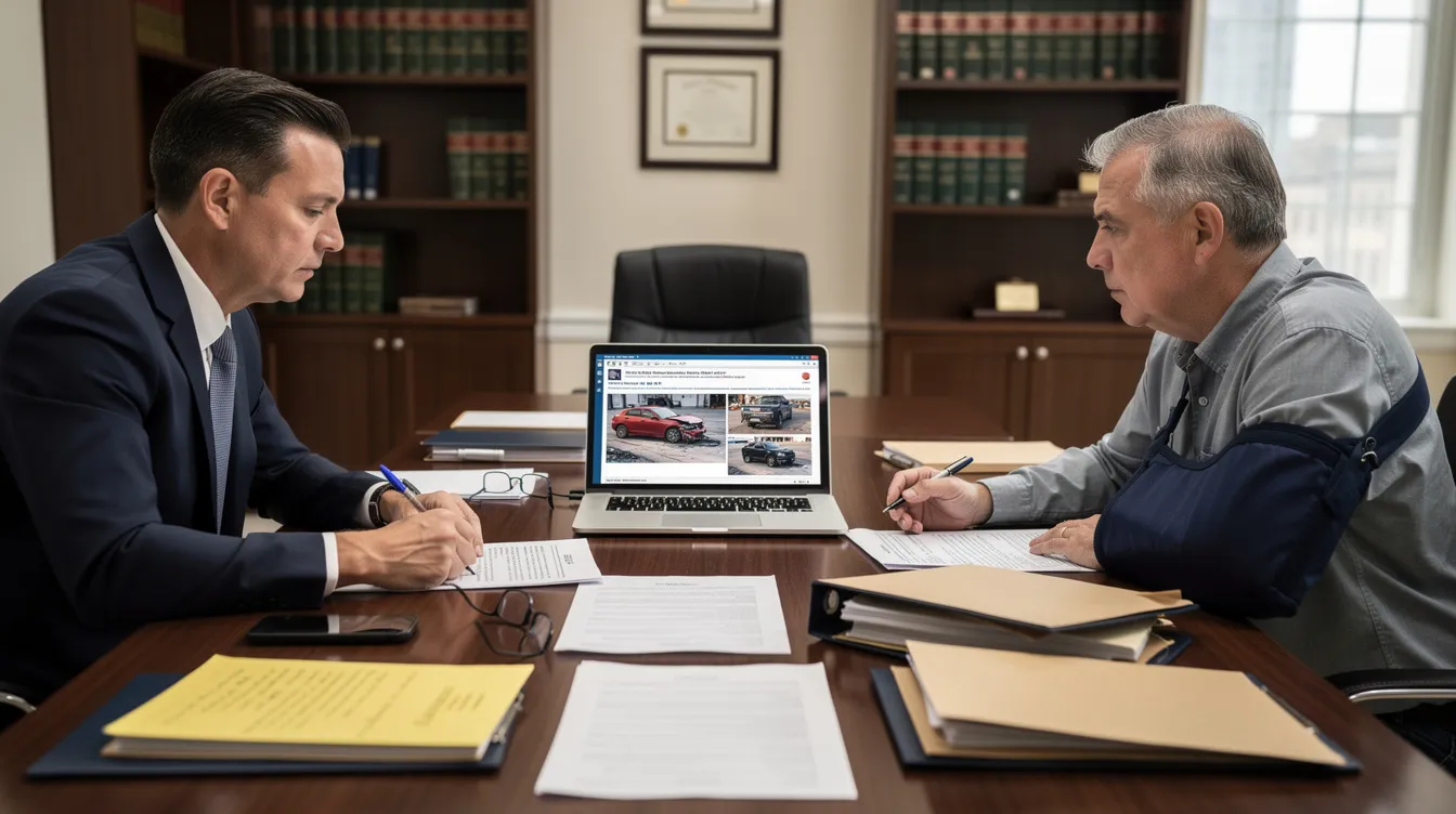 In a modern law office, an experienced personal injury lawyer reviews car accident case documents with an injured client, while a laptop displays crash photos and police reports. The serious atmosphere is enhanced by natural lighting, with legal files and evidence spread across the table, emphasizing the importance of seeking compensation for car accident injury claims.