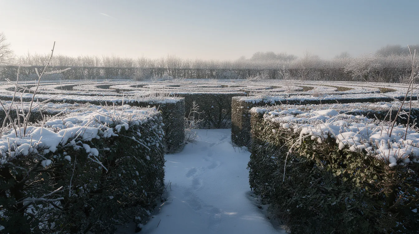 Das Bild zeigt ein verlassenes, verschneites Heckenlabyrinth in einer stillen Winterlandschaft unter einem blauen Himmel. Die ruhige Atmosphäre erinnert an die Isolation, die in Filmen wie "The Shining" von Stanley Kubrick thematisiert wird.