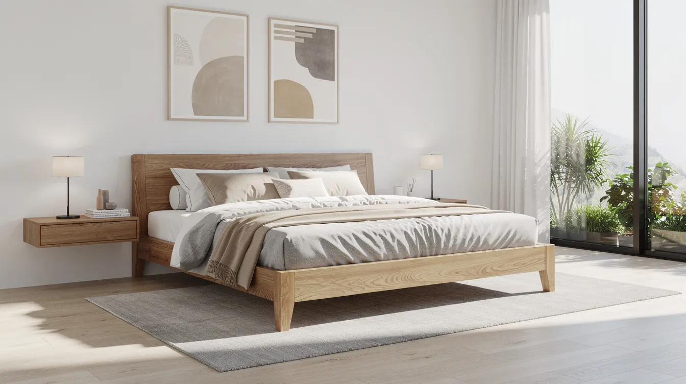 The image features a modern bedroom with a timber bed frame as the focal point, complemented by neutral bedding and natural light pouring in through the windows, creating a serene and inviting atmosphere. This setup highlights the importance of choosing the right bed frame to enhance bedroom decor and promote restful sleep.