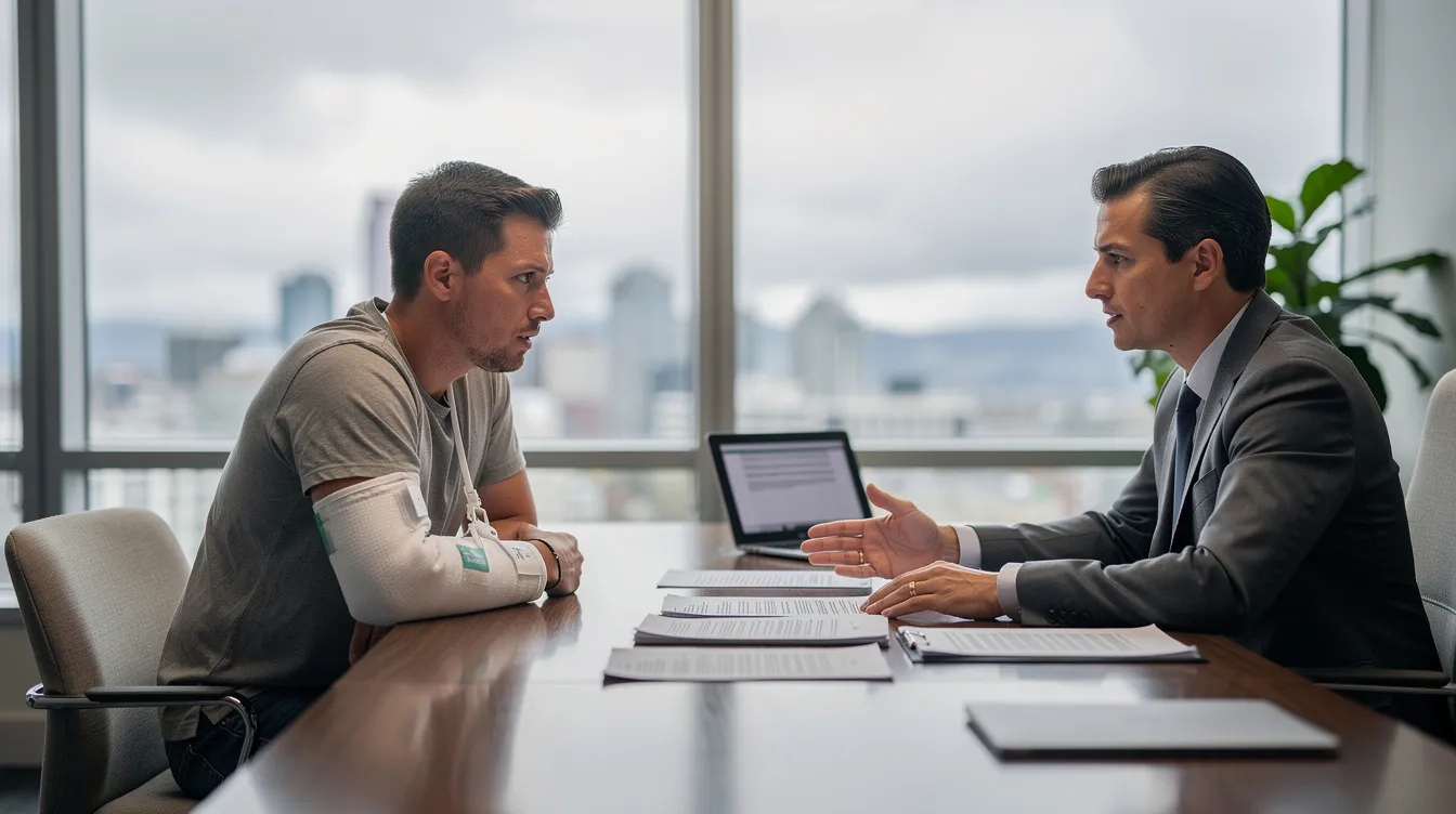 In a modern office setting in Seattle, an injured train accident victim, wearing an arm sling, is engaged in a serious discussion with a personal injury attorney while reviewing documents. The professional environment features large windows that let in soft natural light, emphasizing the gravity of the legal consultation regarding their personal injury claim.