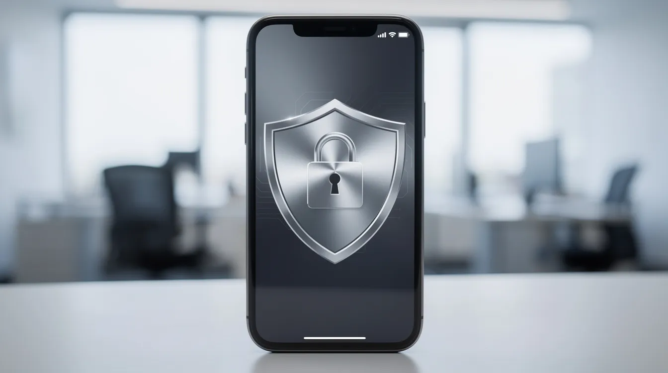 Ein Smartphone zeigt ein Sicherheitsschild-Symbol und ein Schloss-Icon, während im Hintergrund ein unscharfes Büro zu sehen ist. Diese Darstellung könnte auf die Sicherheitsoptionen von Allianz Trade hinweisen, die für Anfragen und Serviceleistungen zur Verfügung stehen.