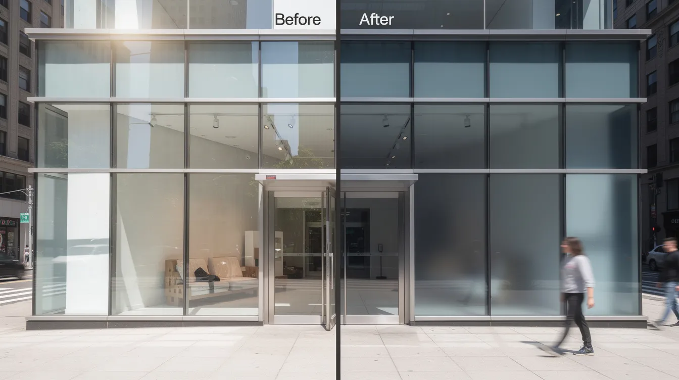 The image depicts a commercial glass storefront, showcasing a stark contrast between the left side with old untreated glass and the right side featuring upgraded tinted protective film. This visual highlights the importance of quality home improvement services, appealing to both residential and commercial clients seeking to enhance their properties.