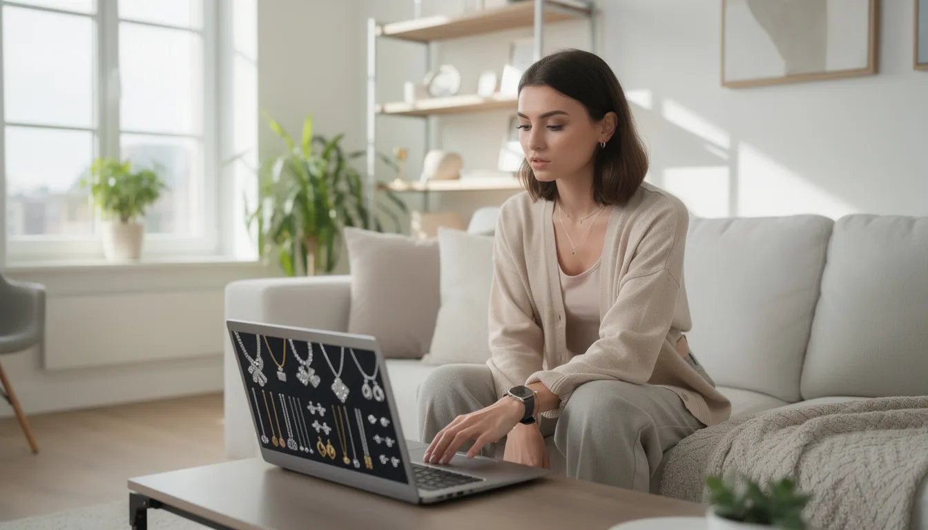 A woman is sitting in a bright, modern living room, browsing through various pieces of jewelry on her laptop. The scene highlights a cozy and stylish environment, perfect for online shopping and exploring digital marketing strategies for boosting online sales.