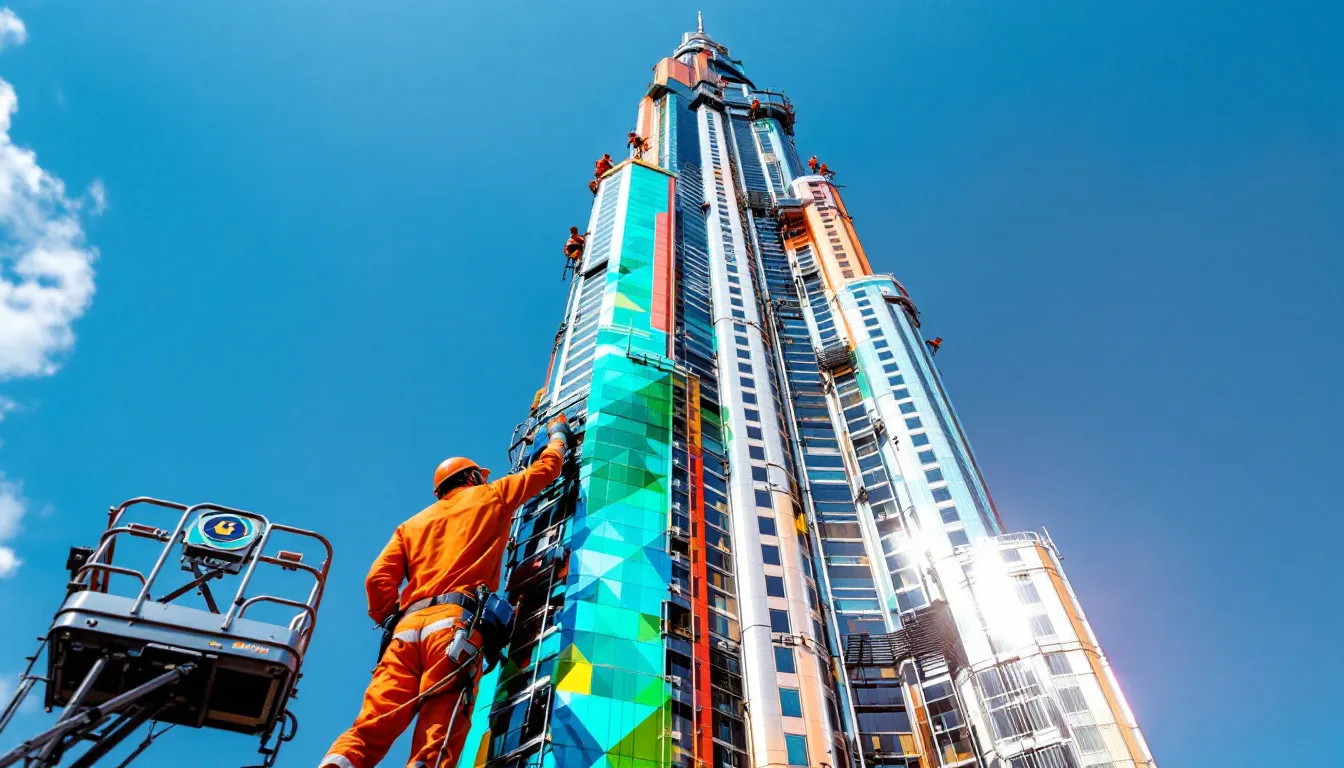 An exterior painting service being carried out on a beautiful Dubai building.