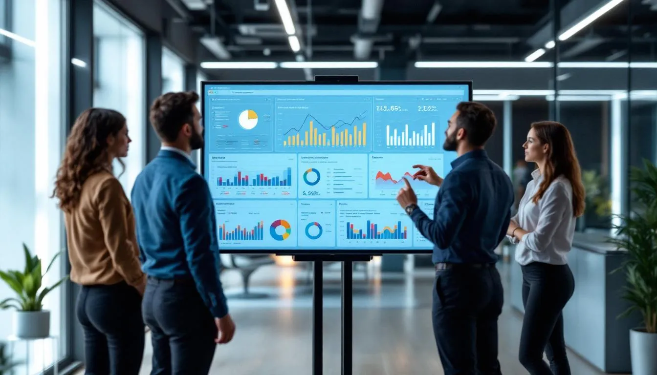 A business team is gathered around a digital dashboard, analyzing AI search visibility metrics to gain actionable insights into brand mentions and overall search presence. The screen displays various graphs and data points related to AI-powered search engines, highlighting opportunities for improving brand visibility and traffic.
