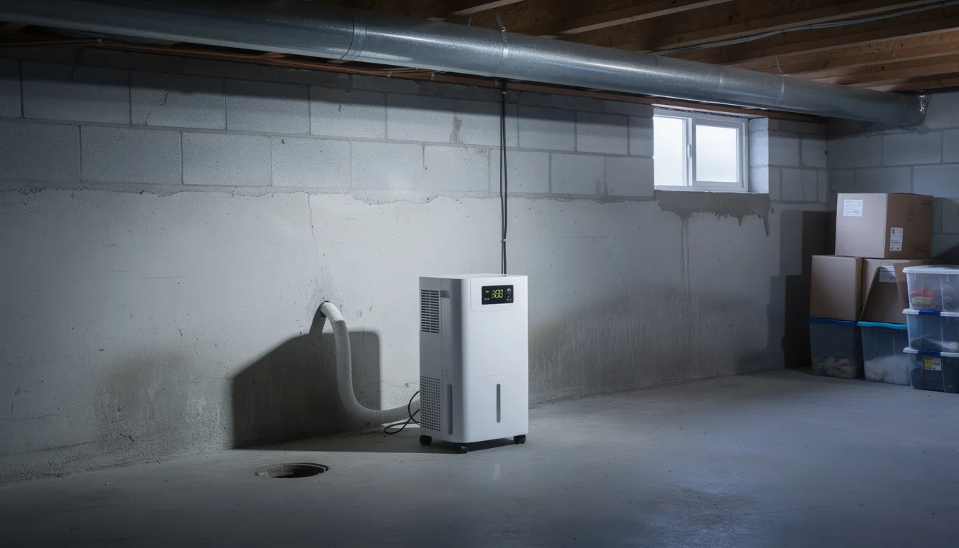 A dehumidifier is operating in a basement space, effectively controlling moisture levels to inhibit mold growth and prevent mold issues related to decomposing organic matter. The machine plays a critical role in creating a healthier environment by reducing humidity, which is essential for minimizing the presence of mold spores and other organisms that thrive in damp conditions.