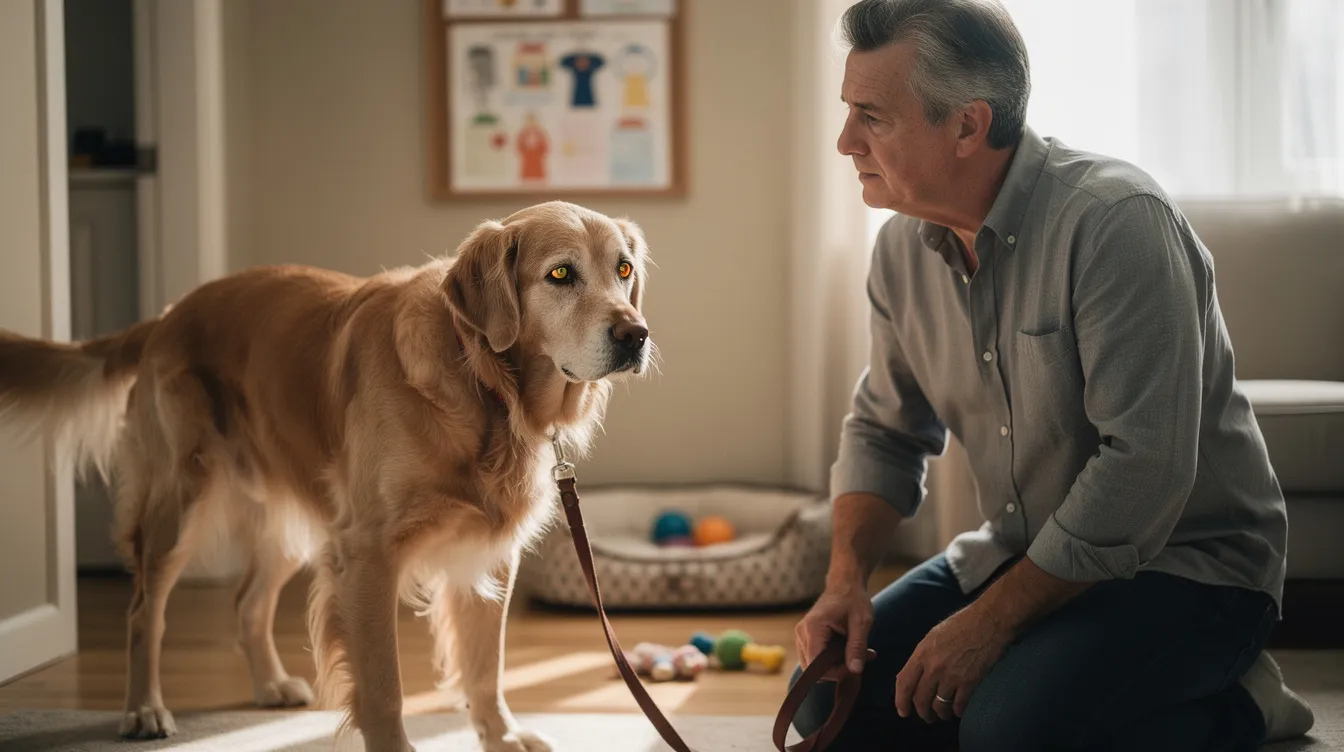 The image depicts an elderly dog resting comfortably on a soft bed, surrounded by familiar toys and family members, illustrating the importance of recognizing behavioral changes in senior dogs. The dog's relaxed posture and gentle expression convey a sense of peace, highlighting the need for understanding and managing cognitive decline and other medical conditions in aging pets.