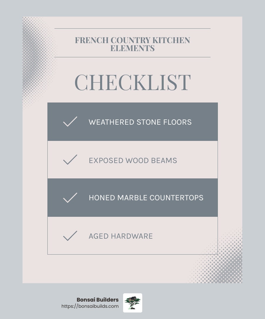 French Country Kitchen Design Elements - french country kitchen island infographic checklist-light-blue-grey