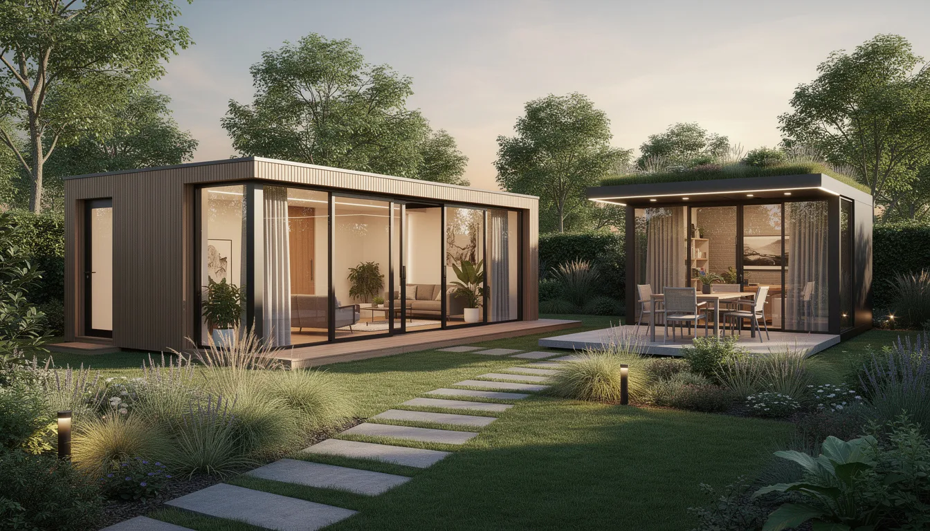The image showcases a contemporary garden room featuring large double glazed windows and glass doors, allowing for ample natural light and a seamless connection to the outdoor space. This insulated garden room is designed for year-round use, providing a perfect garden retreat or office space within a beautifully landscaped garden area.