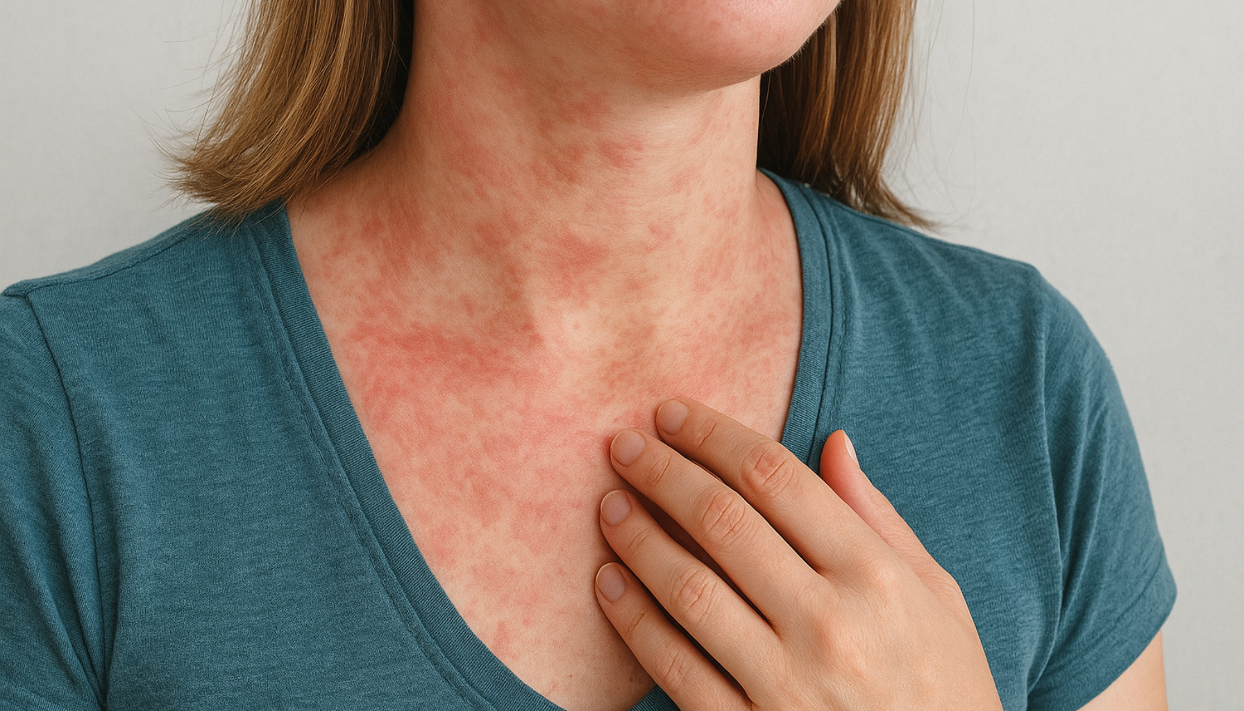 Stressutslett på hals og bryst med røde flekker som viser kroppens reaksjon på psykisk belastning.
