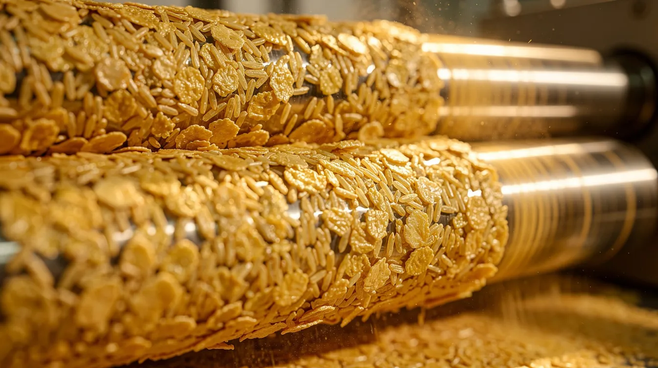 35338b6b 9f83 4eea b6e7 9e651f349f0f A close-up view of golden flattened rice flakes, known as poha, being processed on industrial flaking rollers. This image showcases the poha making machine in action, highlighting the intricate machinery involved in the poha manufacturing business.