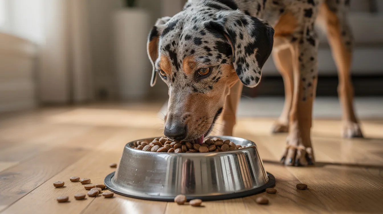 A Catahoula Leopard Dog, known for its striking spotted coat, is enjoying a meal of high-quality kibble from a dog bowl. This loyal companion, often recognized as the state dog of Louisiana, displays its energetic personality while indulging in its food.