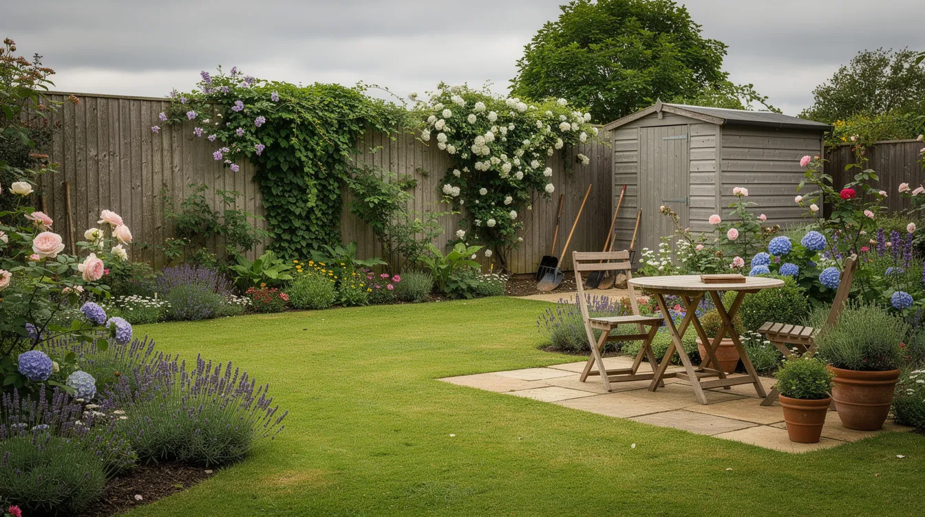 The image showcases a beautifully maintained UK garden featuring a lush green lawn, surrounded by vibrant flower beds and neatly trimmed hedges. This outdoor space exemplifies the benefits of professional lawn care, highlighting a healthy lawn that is free from weeds and moss, perfect for homeowners looking to improve their garden's appearance.