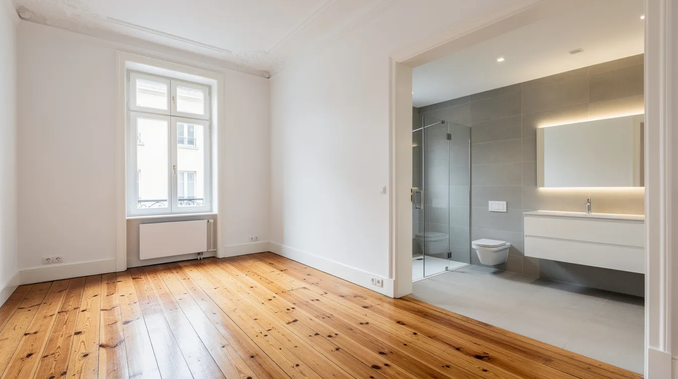 Die frisch sanierte Altbauwohnung in Berlin zeigt aufgearbeitete Holzdielen, hohe Decken und ein modernes Bad, das den Altbaucharme mit zeitgemäßem Wohnkomfort vereint.