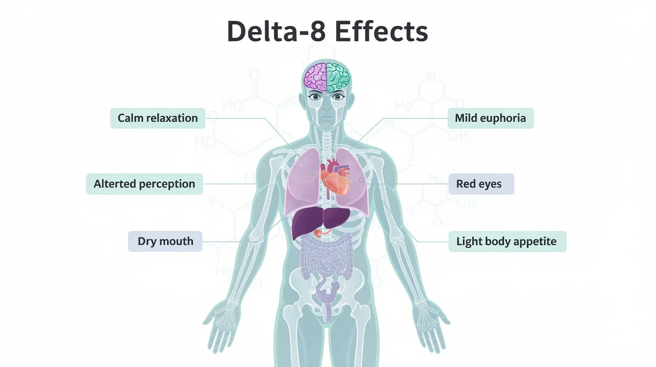 The image illustrates the effects of delta 8 THC, a trace cannabinoid derived from the hemp plant, highlighting its unique psychoactive effects and potential health benefits, particularly for users dealing with chronic pain and anxiety. It also contrasts delta 8 with delta 9 THC, emphasizing the differences in their intoxicating effects and legal status across various states.