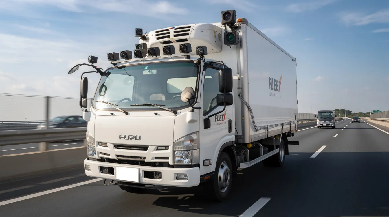 Best MDVR Systems for Fleet Vehicles: The image depicts a fleet truck on a highway, equipped with multiple cameras mounted for enhanced driver safety and monitoring. These advanced driver assistance systems are designed to improve driver reliability and capture video footage to address unsafe driving behaviors and support fleet management.