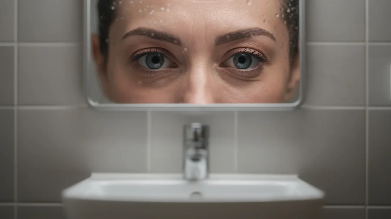 A person is closely examining their reflection in a bathroom mirror, with a particular focus on the tear trough area around their eyes, possibly assessing the effects of recent tear trough filler treatment. The image conveys a sense of concern about under eye bags and dark circles, highlighting the importance of proper aftercare and managing expectations following filler injections.