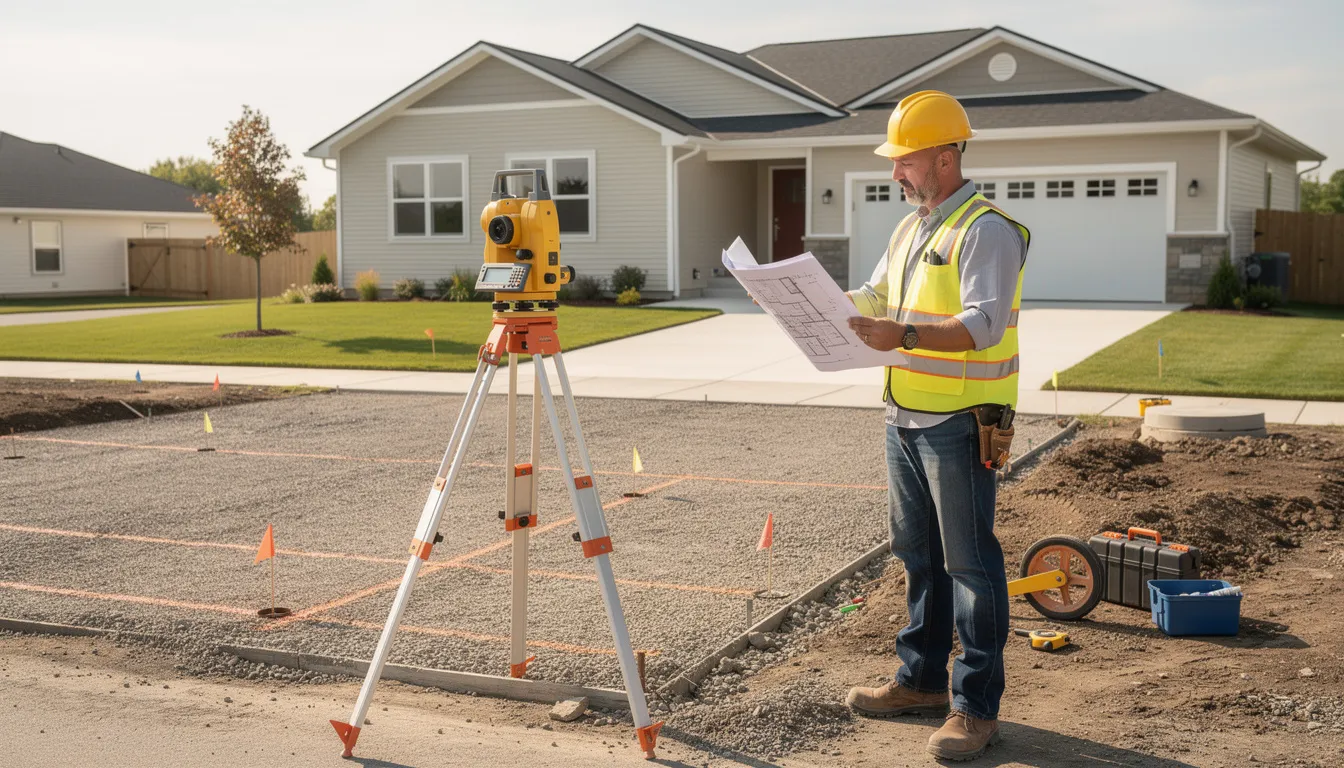 A contractor is surveying a residential driveway site with measuring equipment, preparing for a paving project that may involve options such as concrete driveways or permeable pavers. The surrounding landscape includes garden beds and shaded areas, highlighting the need for proper drainage solutions to manage water runoff effectively.