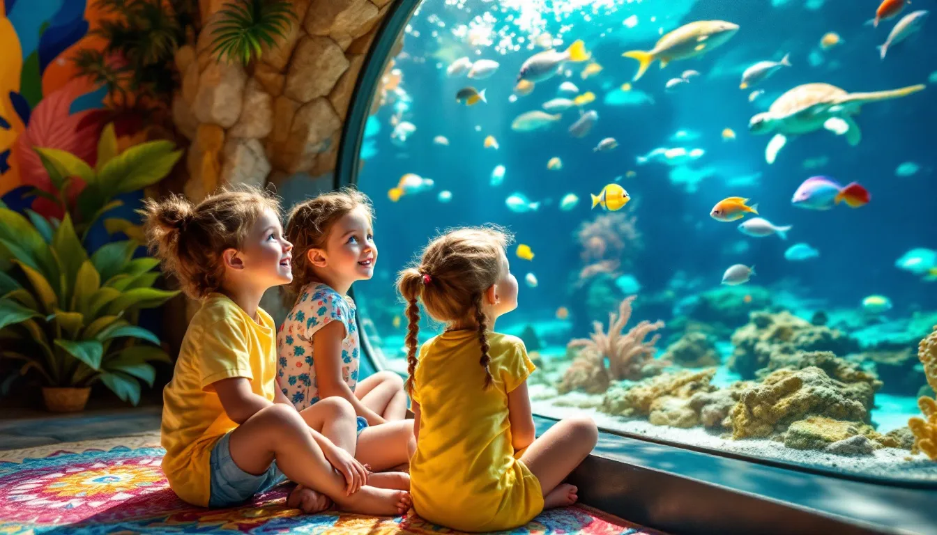 Niños aprendiendo sobre la biodiversidad marina en un acuario, fomentando la educación ambiental.