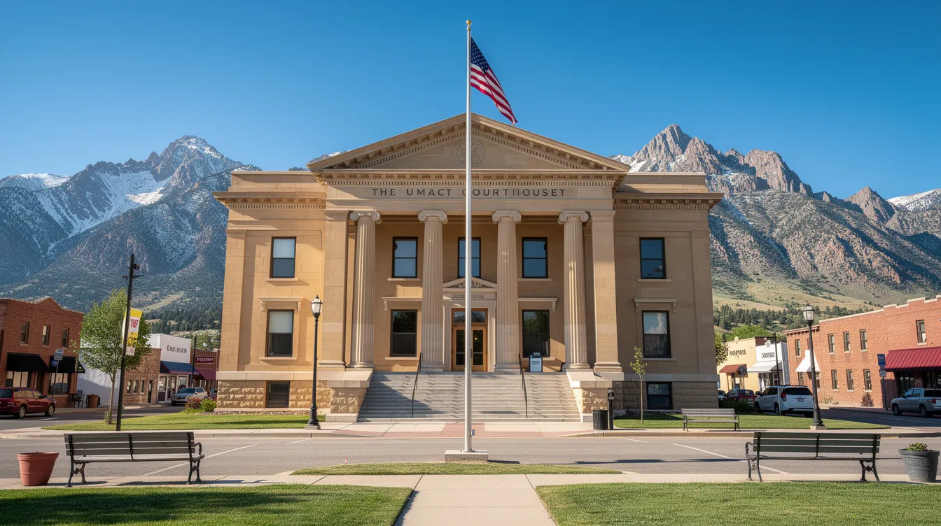 The image depicts a wide-angle view of a Wyoming courthouse, set against a backdrop of majestic mountains under a clear blue sky. This courthouse is where individuals may file bankruptcy petitions and seek legal assistance for debt relief options, such as chapter 7 bankruptcy.