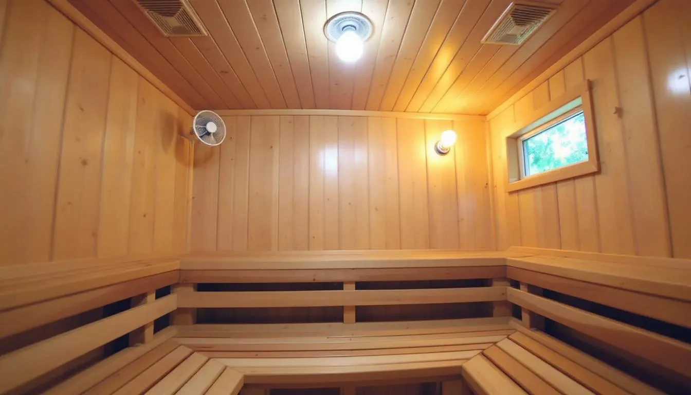 The image depicts a home sauna designed with good ventilation, showcasing an infrared sauna that emphasizes air circulation for a relaxing experience. This setup allows for health benefits such as improved circulation and detoxification, unlike traditional saunas, while maintaining low EMF levels for safety.