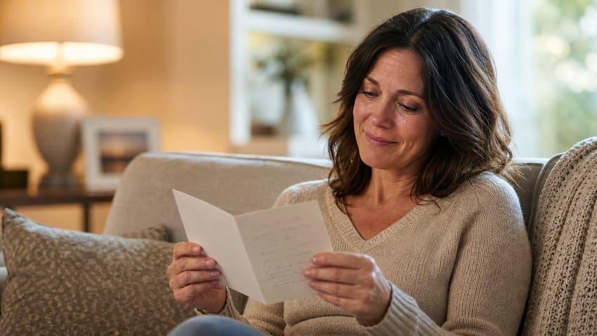 Grieving person finding comfort in a handwritten sympathy card.