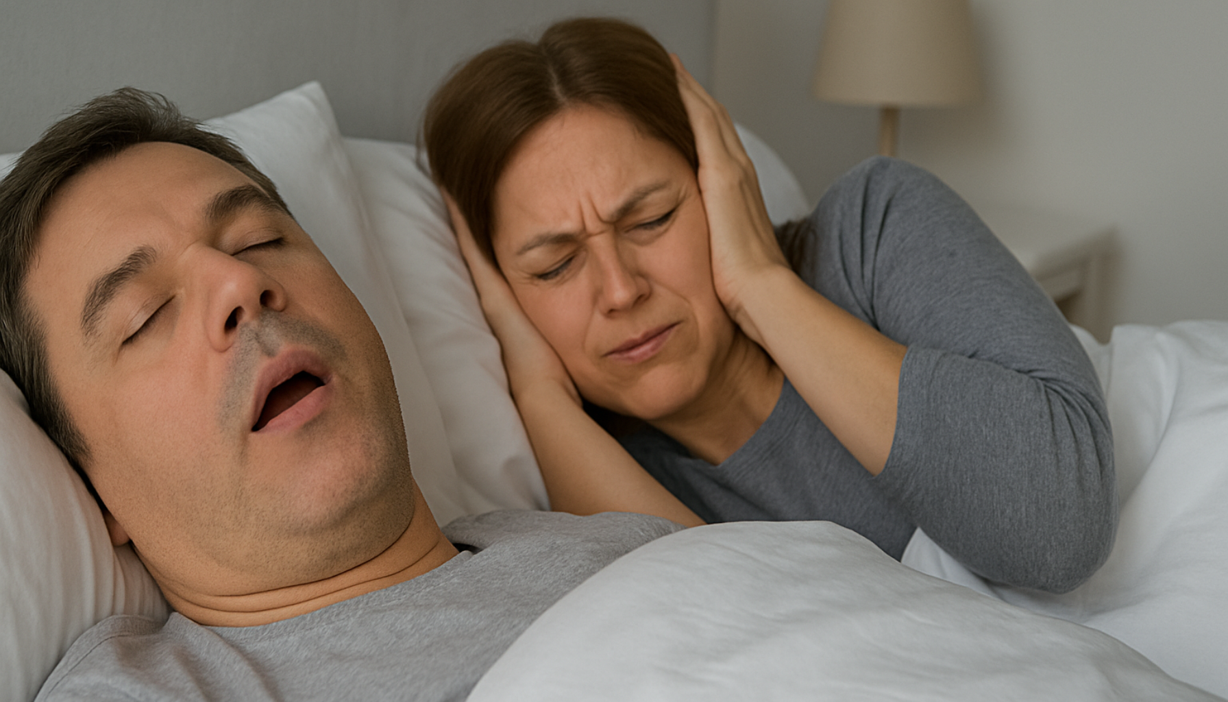 Snorking: Når Det Er Mer Enn Bare Irriterende – Og Hvordan Tannlegen Kan Hjelpe 4 Kvinne dekker ørene mens mannen snorker høyt i sengen ved siden av henne, begge ligger under dyna i et rolig soverom.