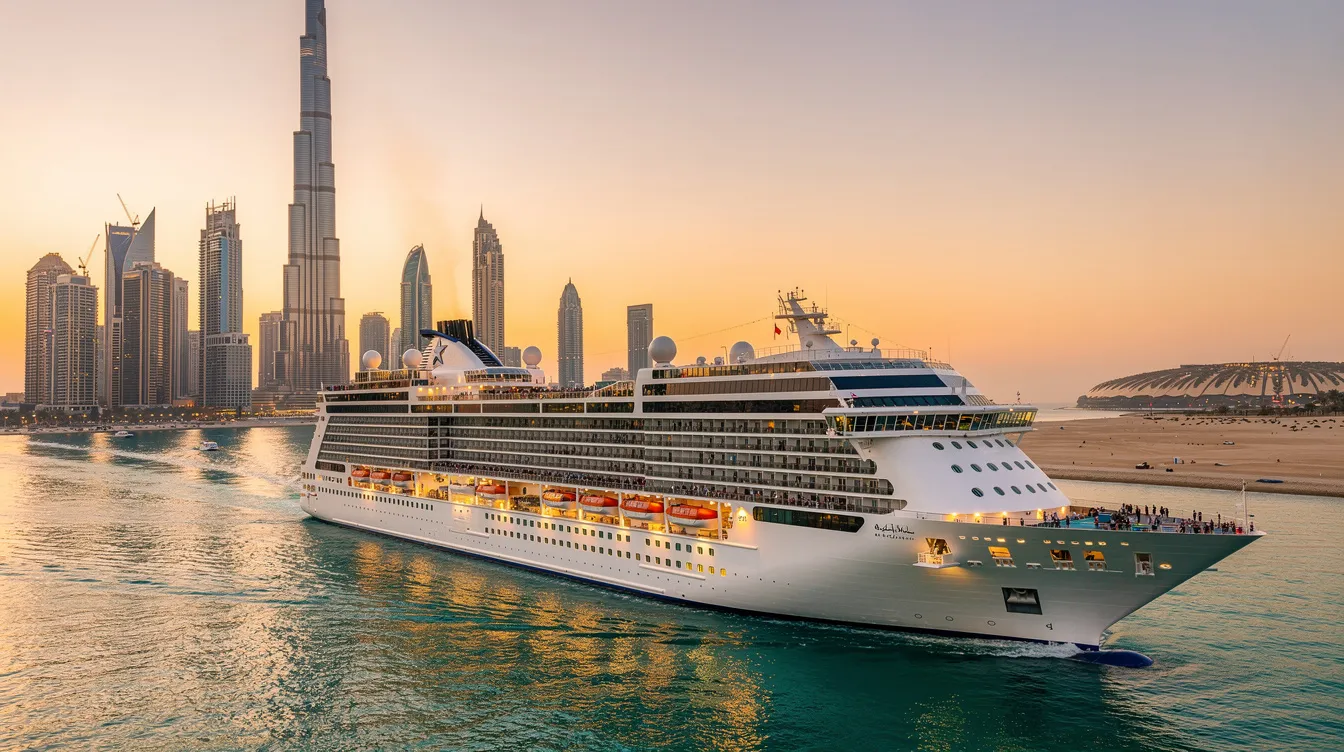 A imagem mostra um cruzeiro luxuoso navegando pelas águas do Golfo Pérsico, com a impressionante skyline de Dubai ao fundo, destacando os modernos arranha-céus da cidade. Este destino turístico nos Emirados Árabes Unidos é perfeito para famílias que buscam uma experiência de viagem inesquecível, combinando cultura árabe e estilo de vida contemporâneo.