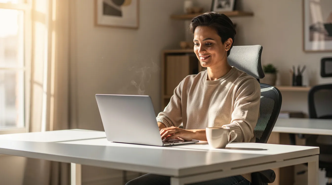 A confident person sits at a clean, modern desk, working on a laptop with a coffee cup beside them, as sunlight streams through a nearby window. This scene reflects a productive atmosphere, embodying the possibilities of using AI tools in the business world.