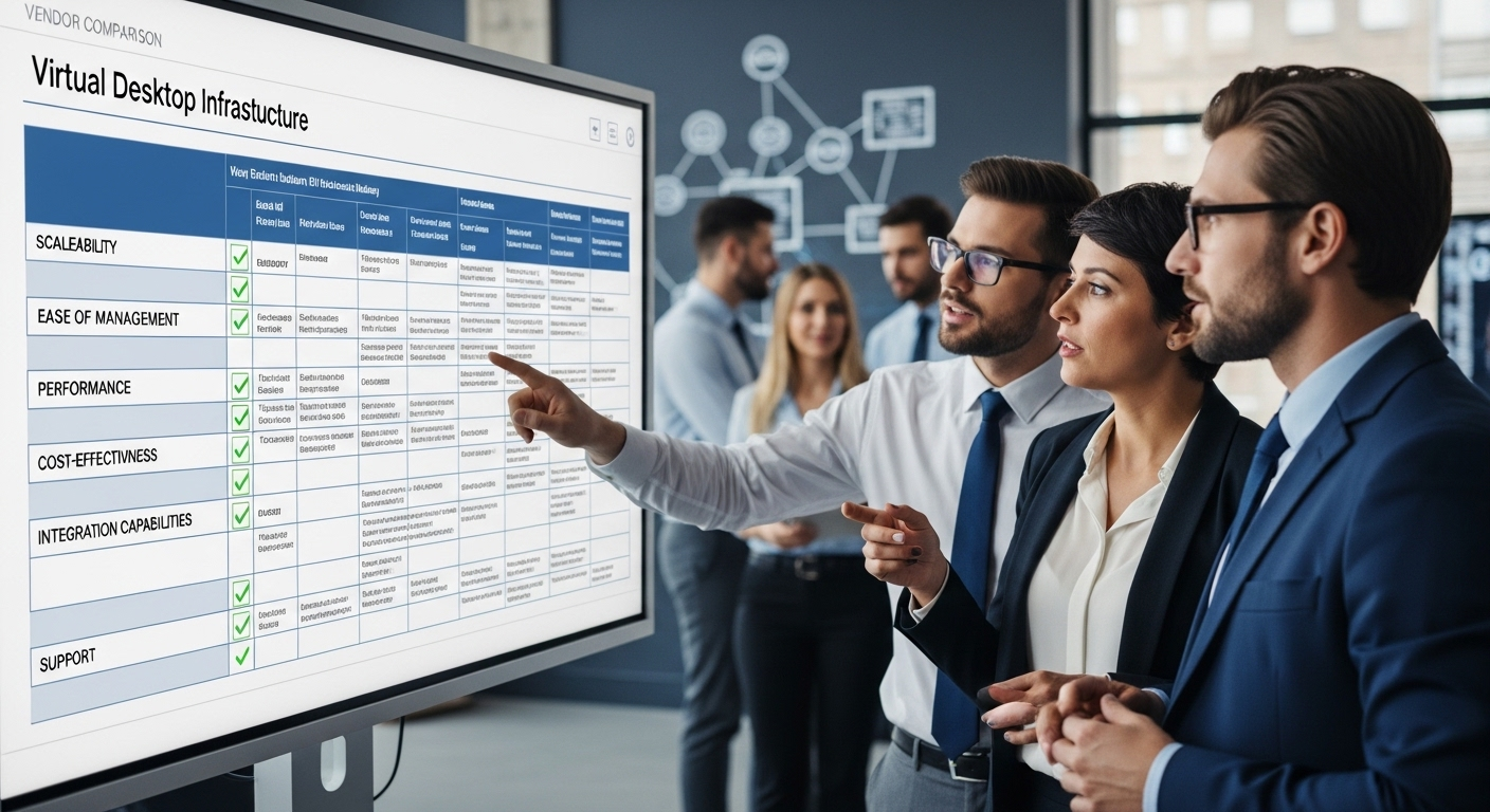IT decision-maker evaluating VDI providers on a screen with criteria like scalability, security, and ease of management
