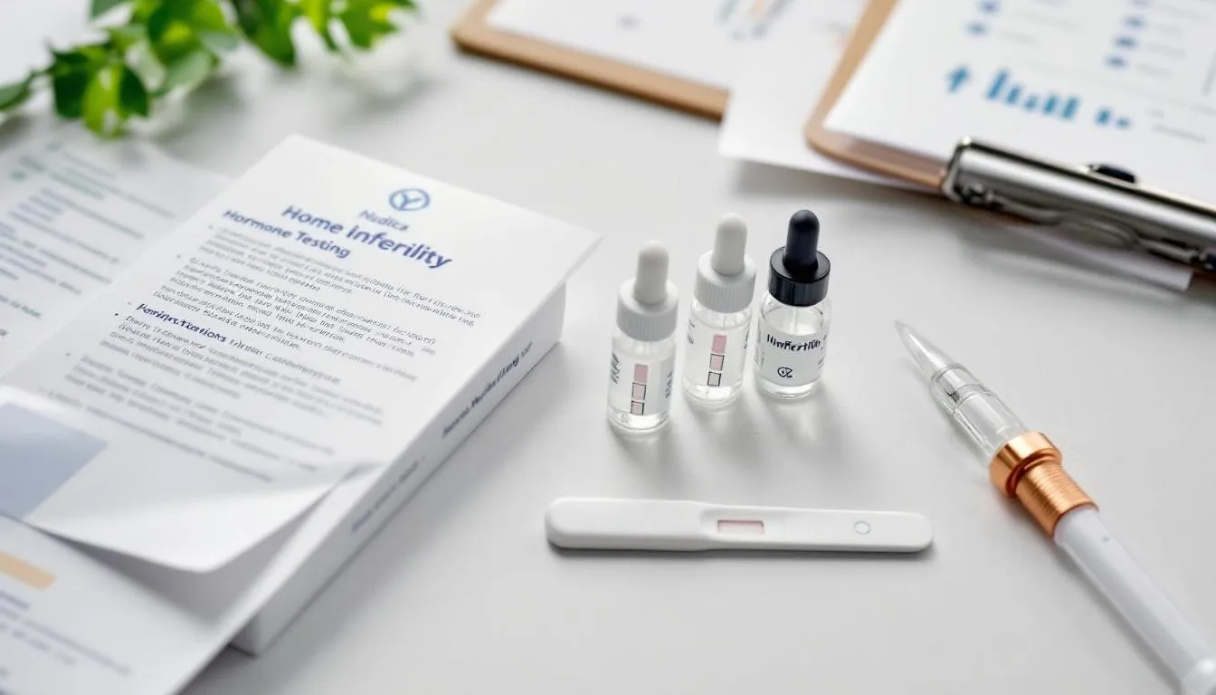 The image depicts an at-home hormone testing kit designed for assessing infertility, featuring various components such as test strips and vials. This kit may help individuals monitor their vitamin D levels, which play a crucial role in female fertility and reproductive health.