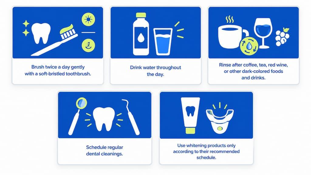 Five maintenance tips illustrated: brush gently twice a day with a soft-bristled toothbrush, drink water throughout the day, rinse after dark-colored foods and drinks, schedule regular dental cleanings, and use whitening products only on their recommended schedule