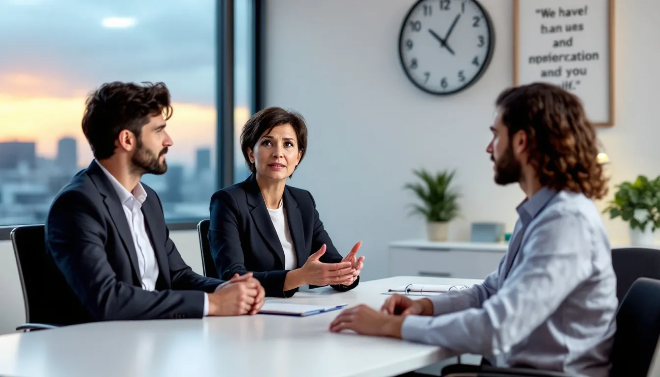 A family law attorney discussing responsibilities with a client in a professional setting.