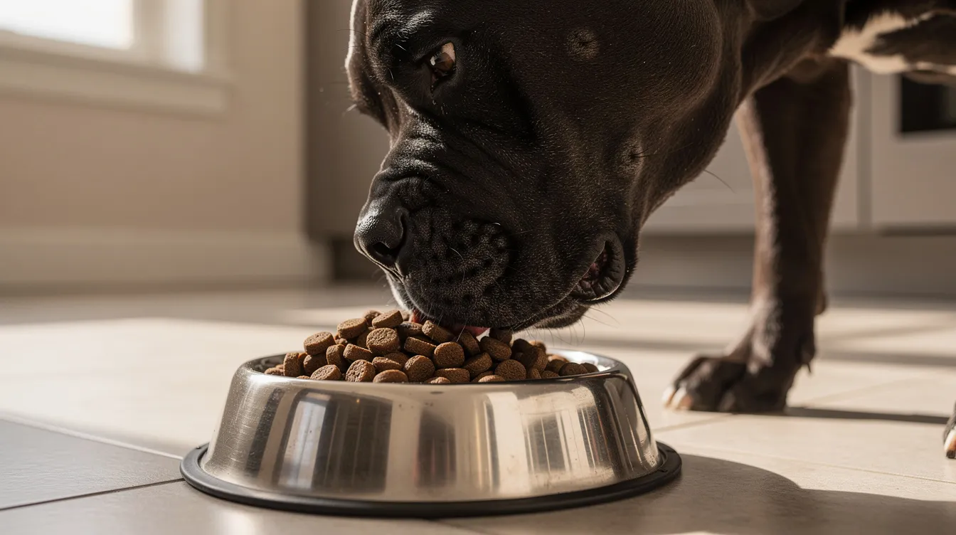 A Cane Corso is seen enjoying high-quality kibble from a dog bowl, showcasing its sturdy build and sleek coat. This intelligent breed, known for its loyalty and protective instincts, is a great choice for families and requires proper training and socialization.