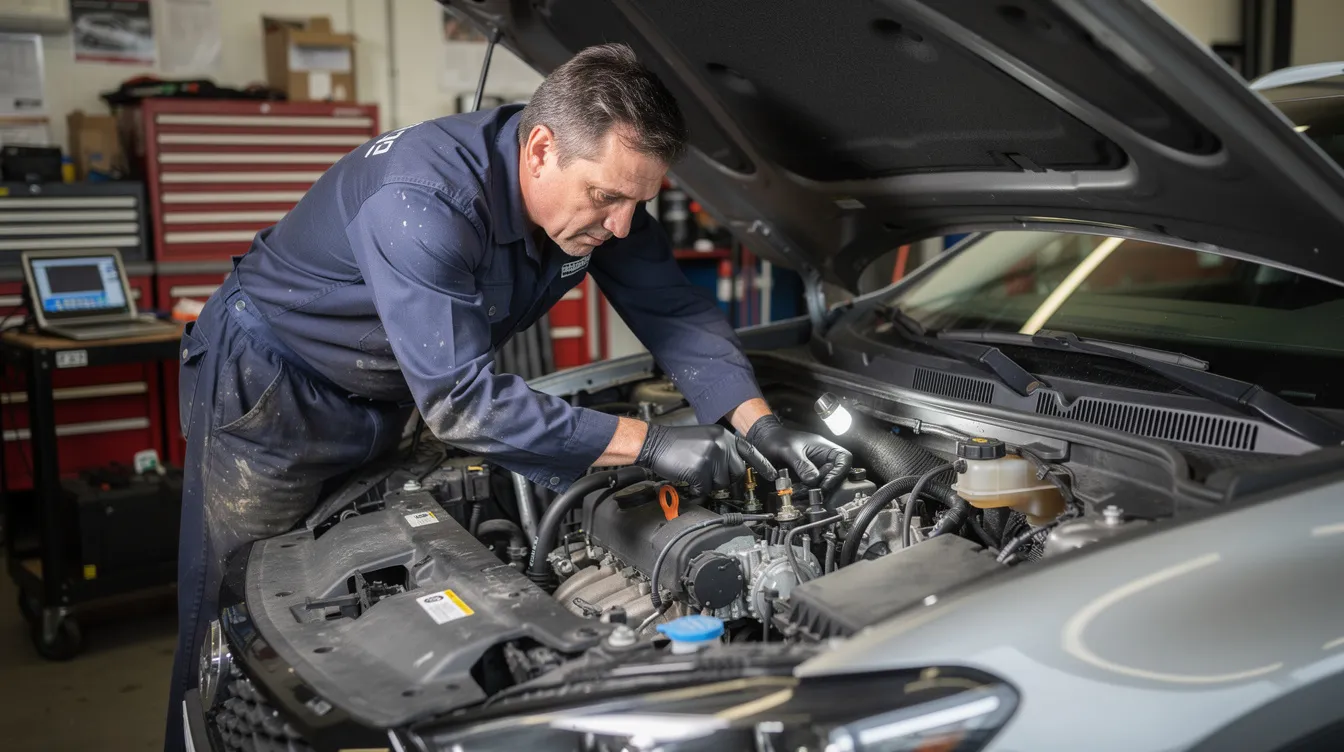 A mechanic is inspecting the fuel system components under the hood of a vehicle, focusing on the fuel injectors and fuel lines to ensure they are free from clogging and harmful deposits. This maintenance check is crucial for the vehicle's performance and fuel economy, helping to prevent mechanical issues and improve overall engine efficiency.