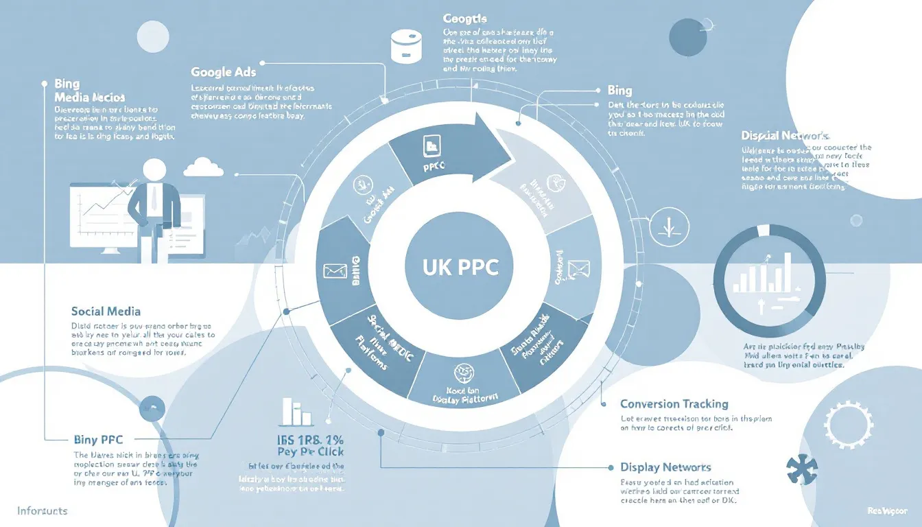 The image illustrates the UK PPC landscape, showcasing various elements of digital marketing such as PPC ads, keyword research, and the role of PPC agencies in managing campaigns. It highlights the collaborative approach of dedicated teams working to deliver results and drive qualified traffic for businesses.