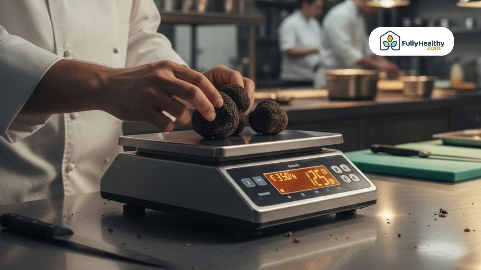 Chef weighing fresh black truffles on a digital scale.